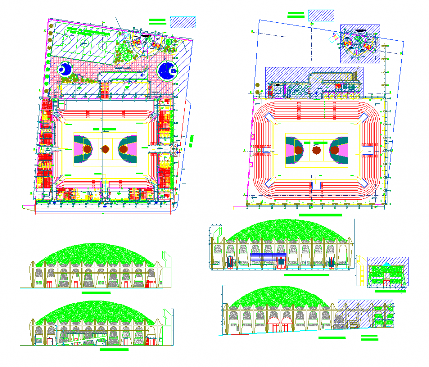 Sport playground stadium detail elevation and plan 2d view layout file