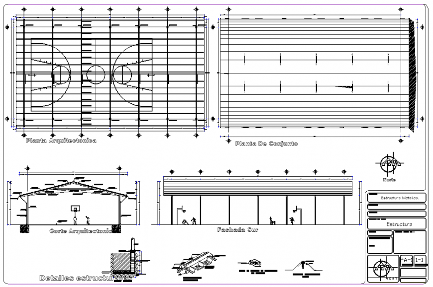 Sports academy with basket ball court with roof in dwg file.