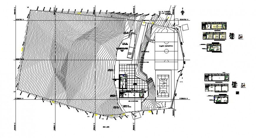 Sports area along with contour planning details in autocad