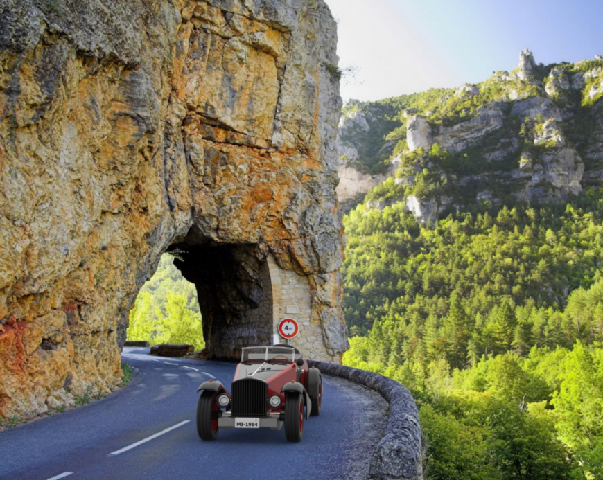 Sports car 3d on mountain roads with location cad block details dwg file