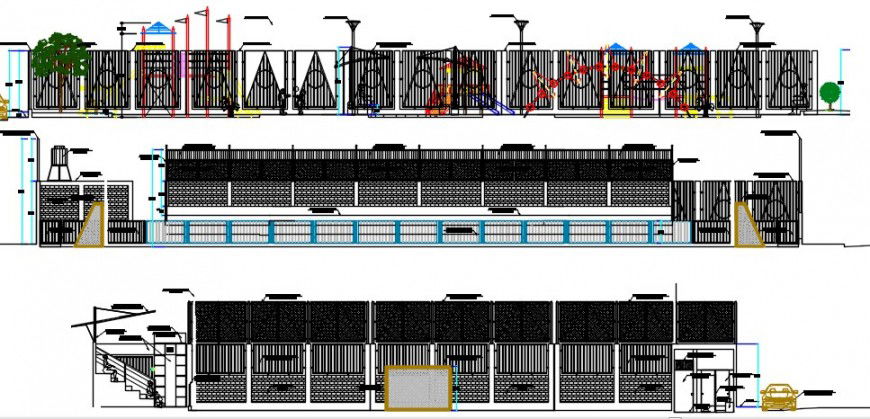 Sports center and playground all sided section drawing details dwg file
