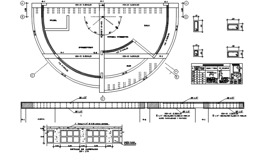 Sports center beam schedule, measures and structure drawing details dwg file