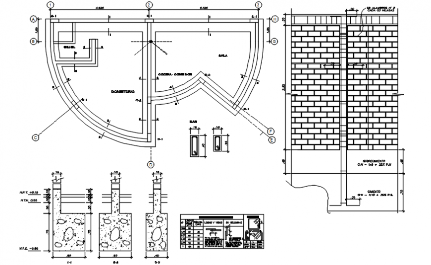 Sports center brick wall, footings and construction details dwg file