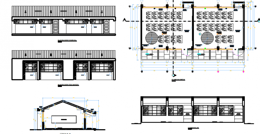 Sports center building elevation, section and plan details dwg file
