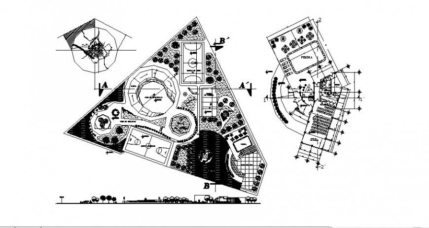 Sports center building main elevation and distribution plan cad drawing details dwg file