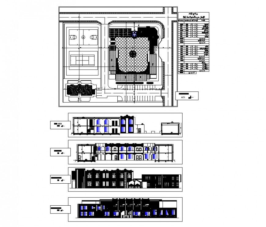Sports center building plan and elevation 2d view CAD structure layout autocad file