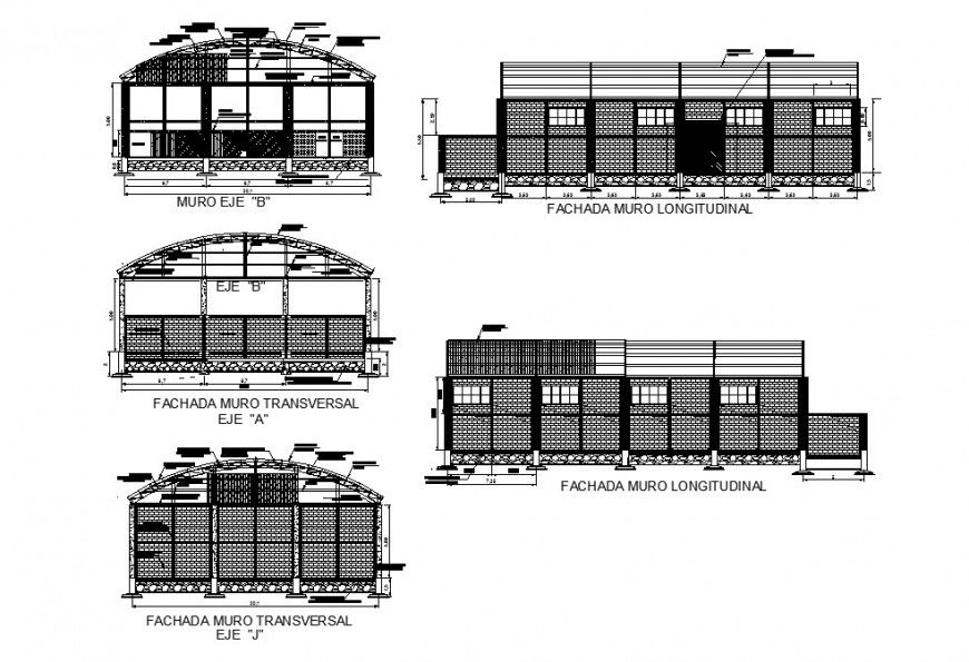 Sports center building two-story all sided elevation and sectional details dwg file