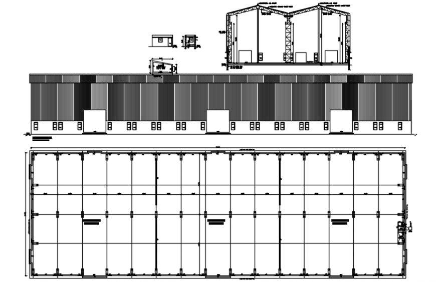 Sports center constructive section, plan and structure details dwg file