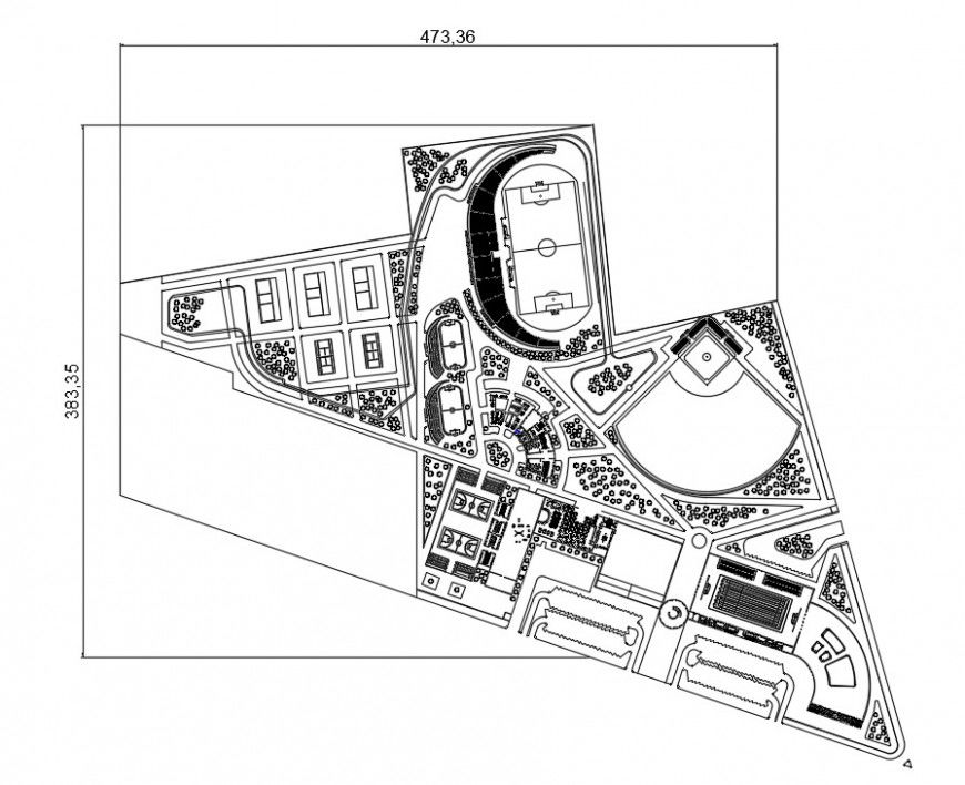 Sports center distribution plan with landscaping structure dwg file