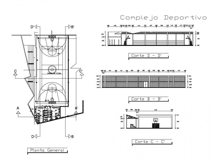 Sports center drawing elevation and section plan