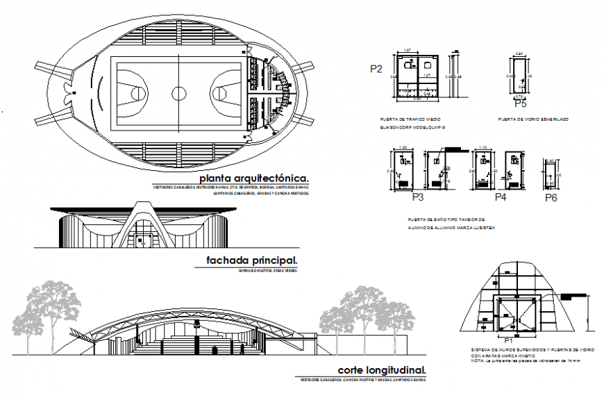 Sports center elevation, section, plan and doors and windows auto-cad details dwg file