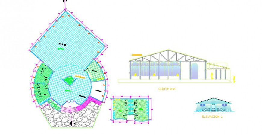 Sports center elevation and top view plan detail dwg file
