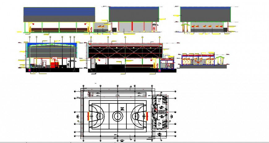 Sports center elevation section and ground structure details dwg file