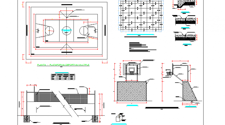 Sports center ground pitch and cobble pedestal details dwg file