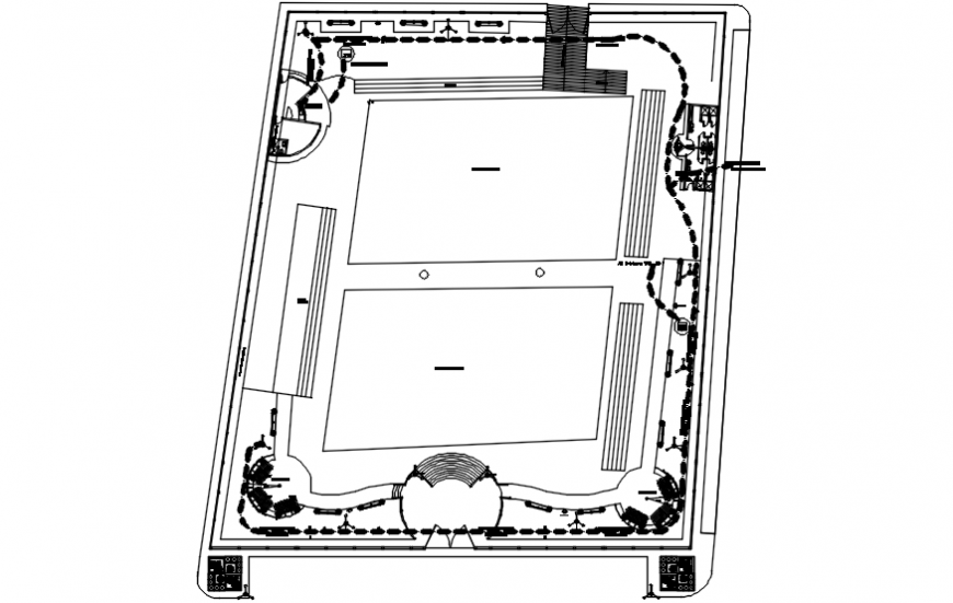 Sports center layout plan and landscaping details dwg file