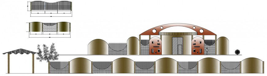 Sports center main elevation and gate elevation drawing details dwg file