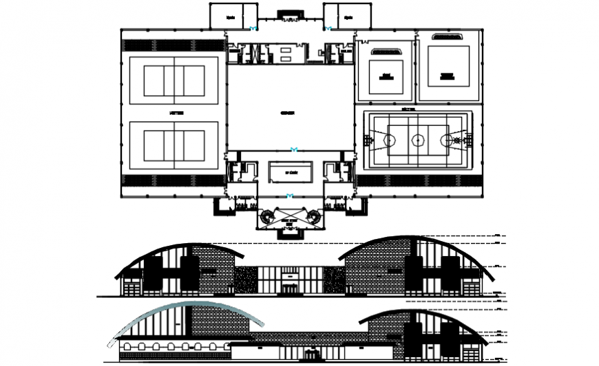 Sports center model detail of elevation and plan details in dwg file