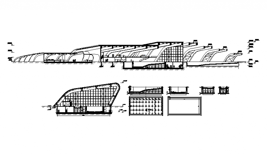 Sports center with swimming pool all sided sectional details dwg file