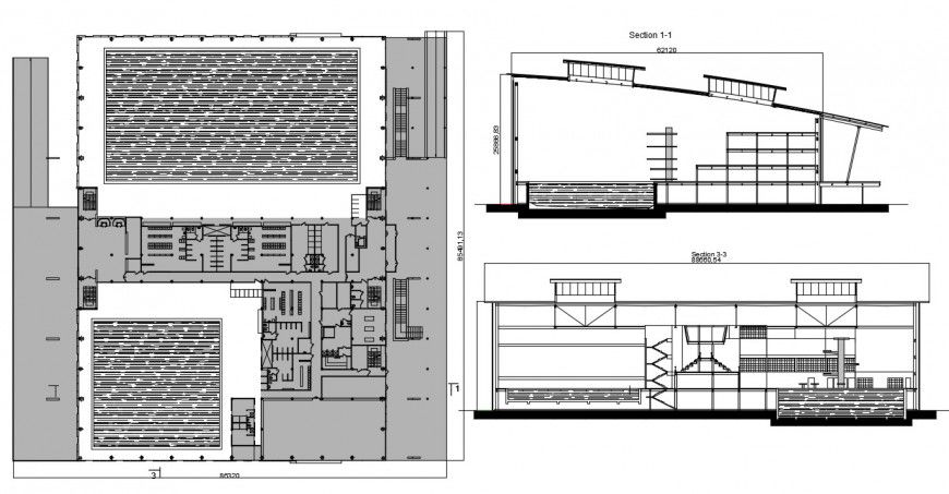 Sports center with swimming pool section and plan drawing details dwg file