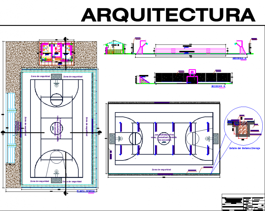 Sports centre with basket ball court plan in dwg file.