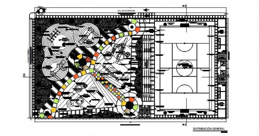 Sports complex and playground distribution and landscaping structure details dwg file