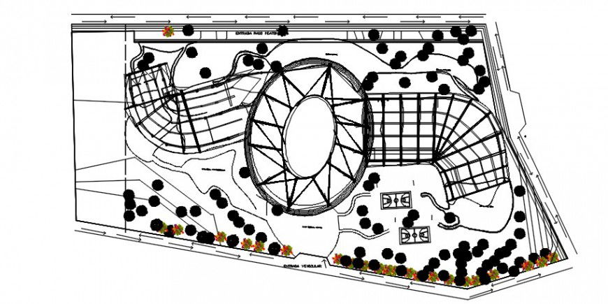Sports complex distribution and landscaping structure details dwg file