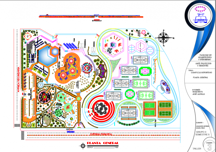 Sports complex layout plan with landscape drawing in dwg AutoCAD file.
