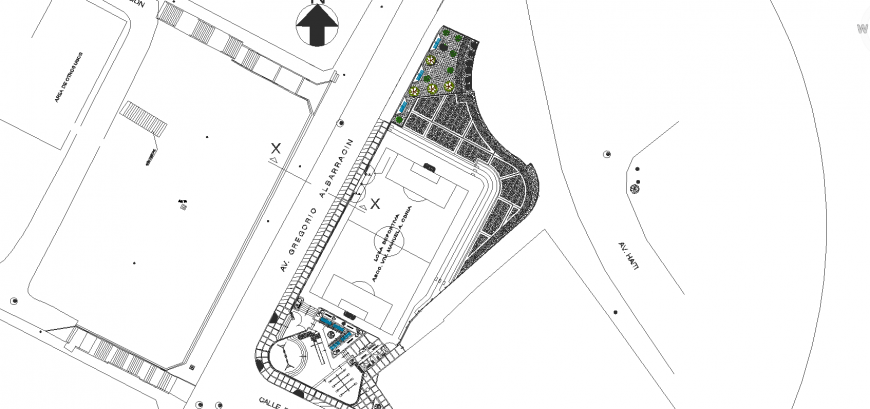 Sports complex site plan detail in dwg AutoCAD file.