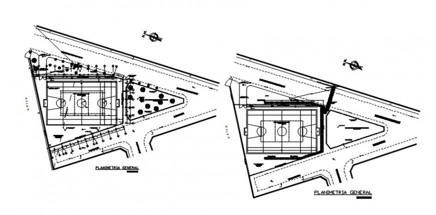 Sports court general planimetry and landscaping details dwg file