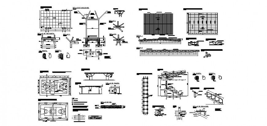 Sports court staircase section and construction and structure details dwg file