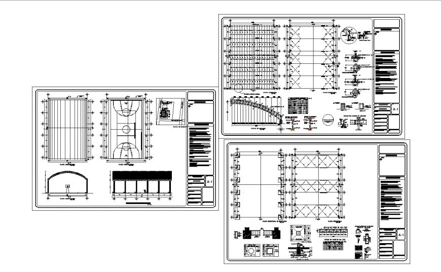 Sports ground center foundation plan, constructive structure and landscaping drawing details dwg file