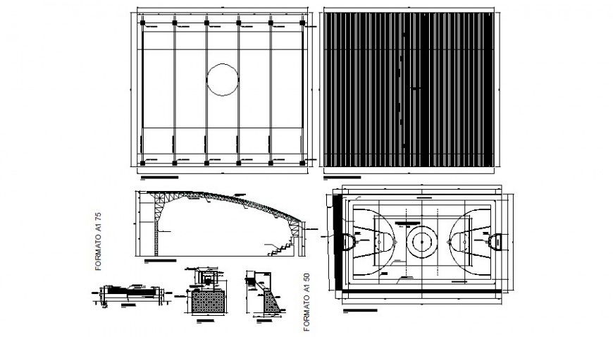 Sports ground landscaping and constructive structure details dwg file