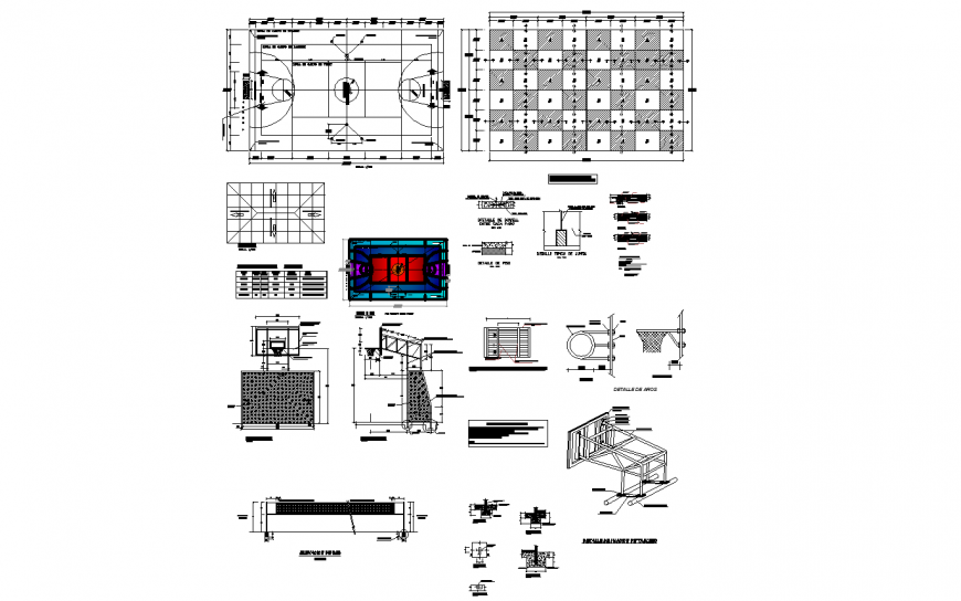 Sports ground plan, foundation and constructive structure details dwg file