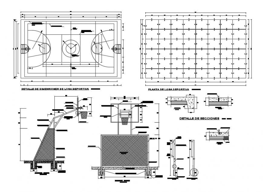 Sports ground plan, foundation structure and constructive structure details dwg file