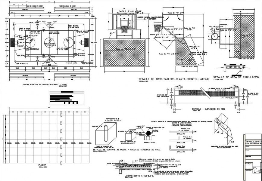 Sports ground section, landscaping of school, gate fence and auto-cad details dwg file