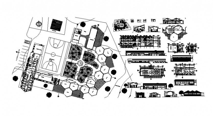 Sports playground and building details 2d view plan and elevation dwg file