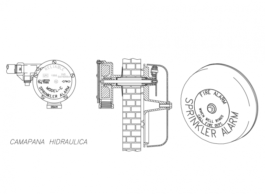 Sprinkle alarm bell elevation, section and plan details dwg file
