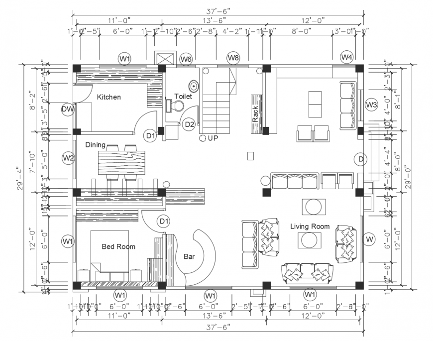 Square one family house architecture layout plan cad drawing details dwg file