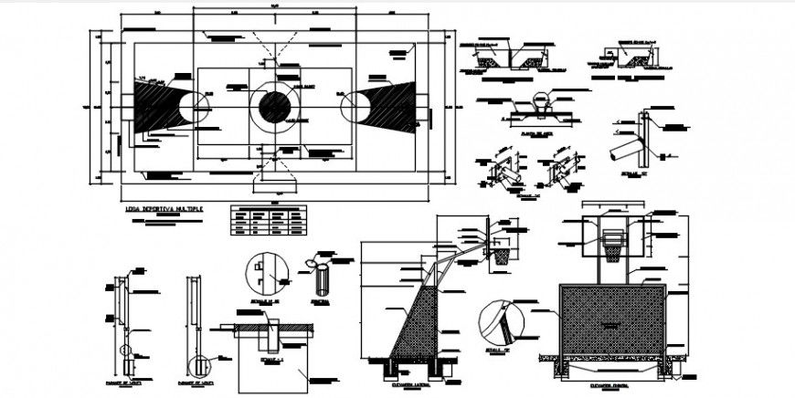 Square sports center plan and structure drawing details dwg file