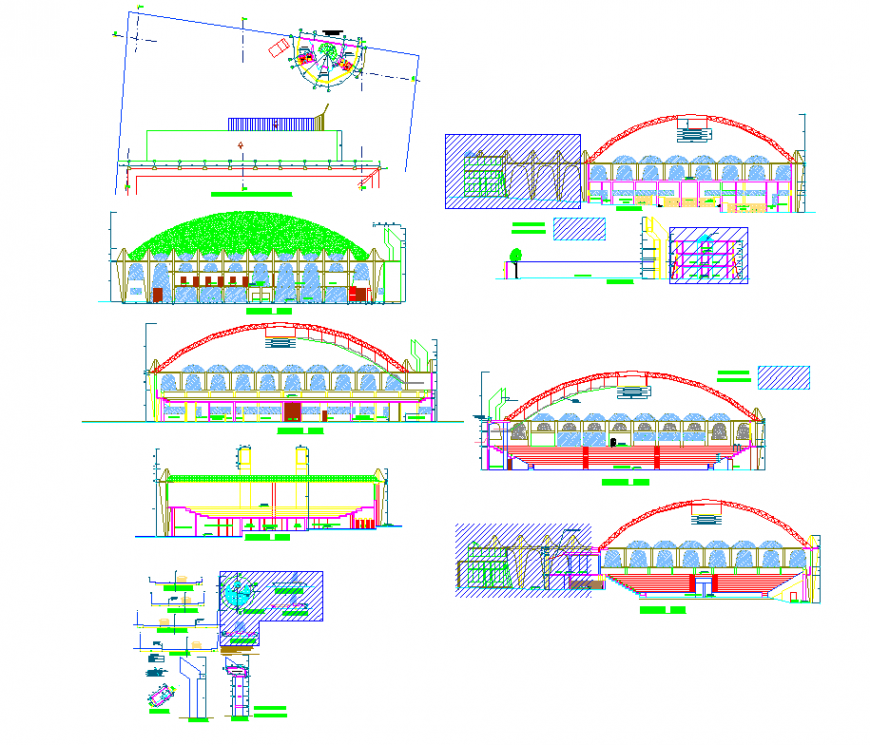 Stadium building detail elevation and section 2d view layout dwg file