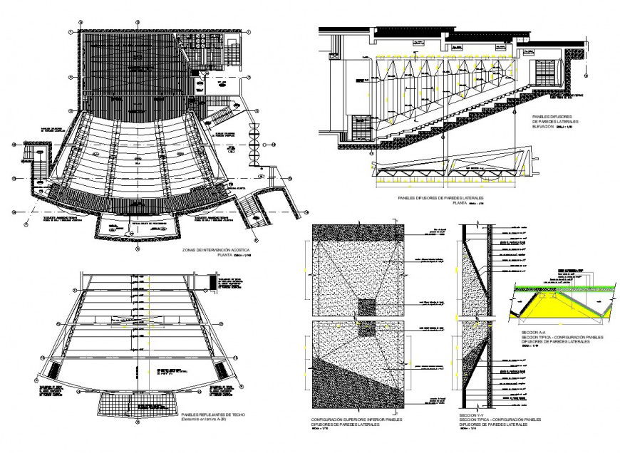 Stadium plan, elevation and section detail dwg file