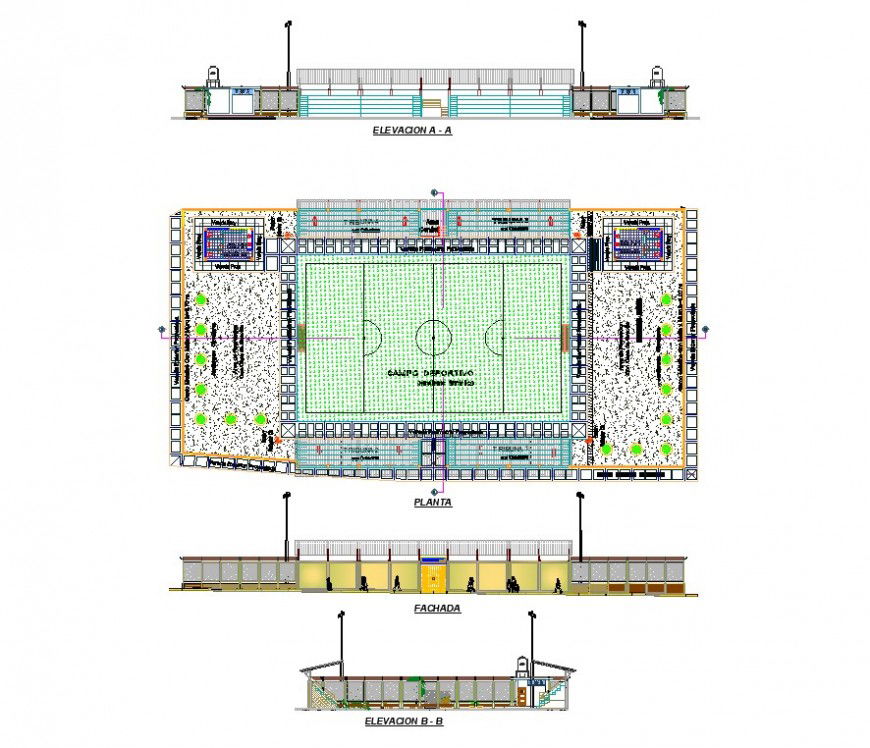 Stadium play-ground detail plan, elevation and section layout file in dwg format