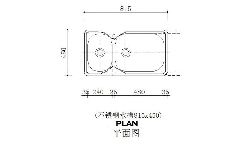 Stainless steel sink detail elevation 2d drawing in autocad