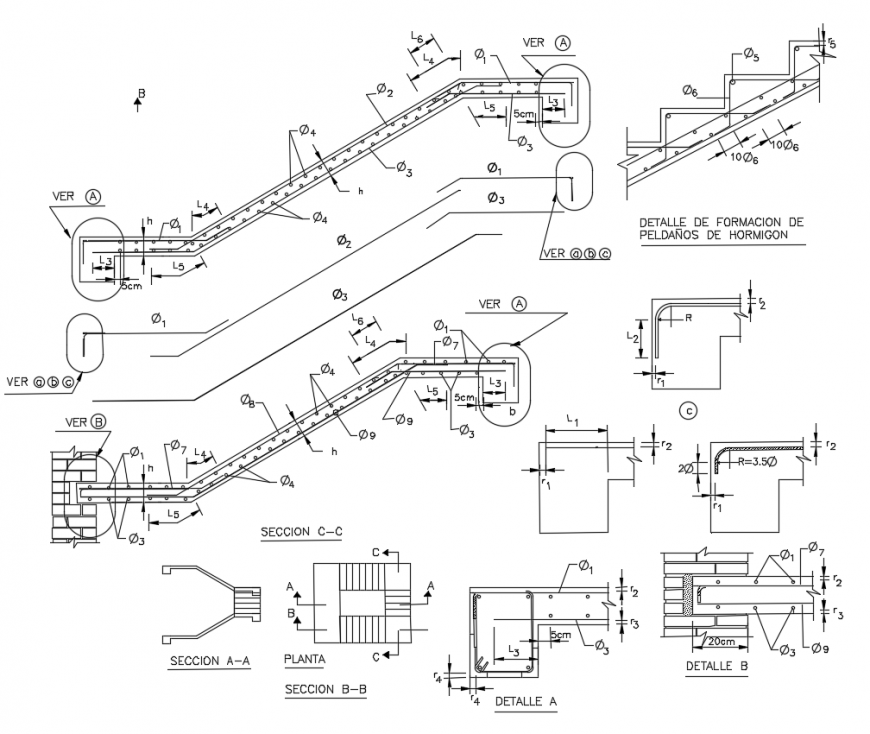 Stair case design with wall and column detail construction view dwg file