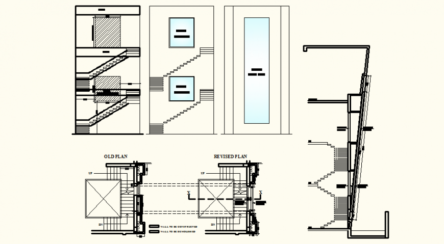 Stair plan and elevation with detail of construction design dwg file