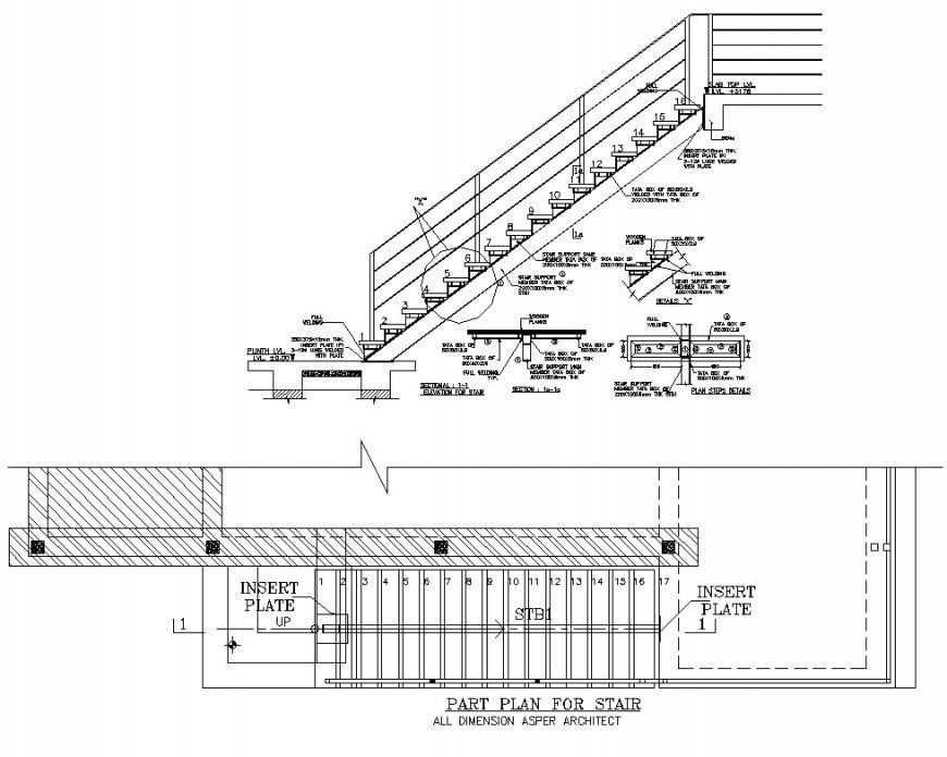 Stair plan detail 2d view CAD construction layout file in autocad format