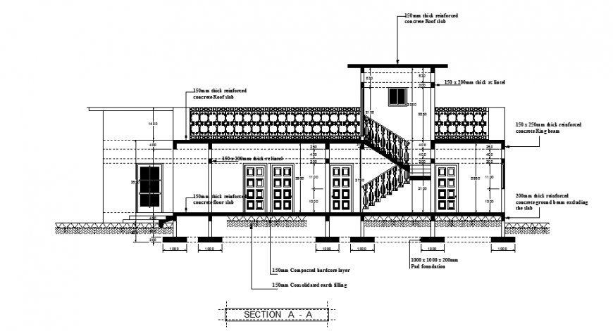 Stair section plan design drawing of Bungalow design