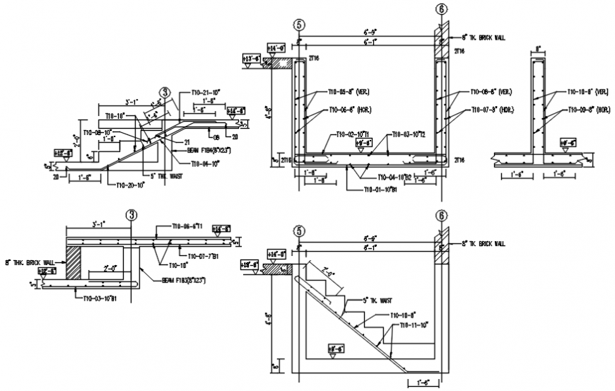 Stair side view and column of construction view in AutoCAD
