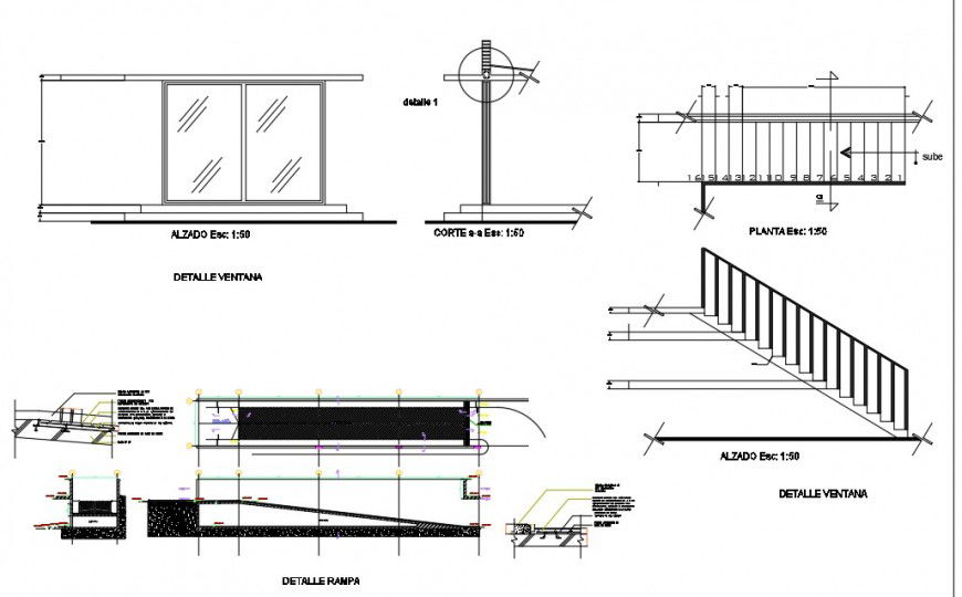 Staircase, railing and other block detail 2d view section and elevation autocad file