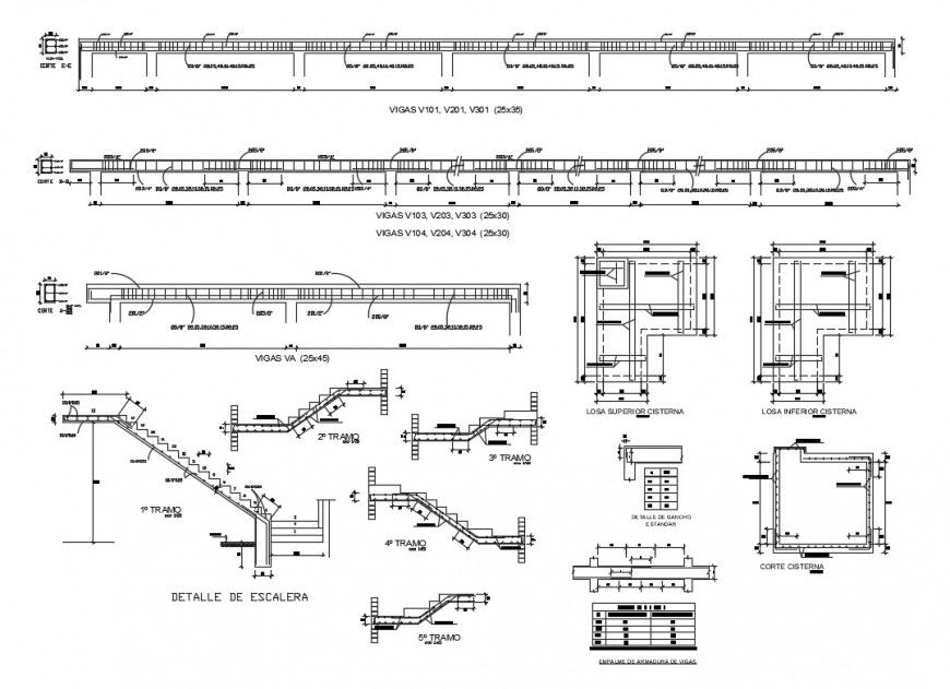 Staircase and foundation beam construction details of hotel building dwg file